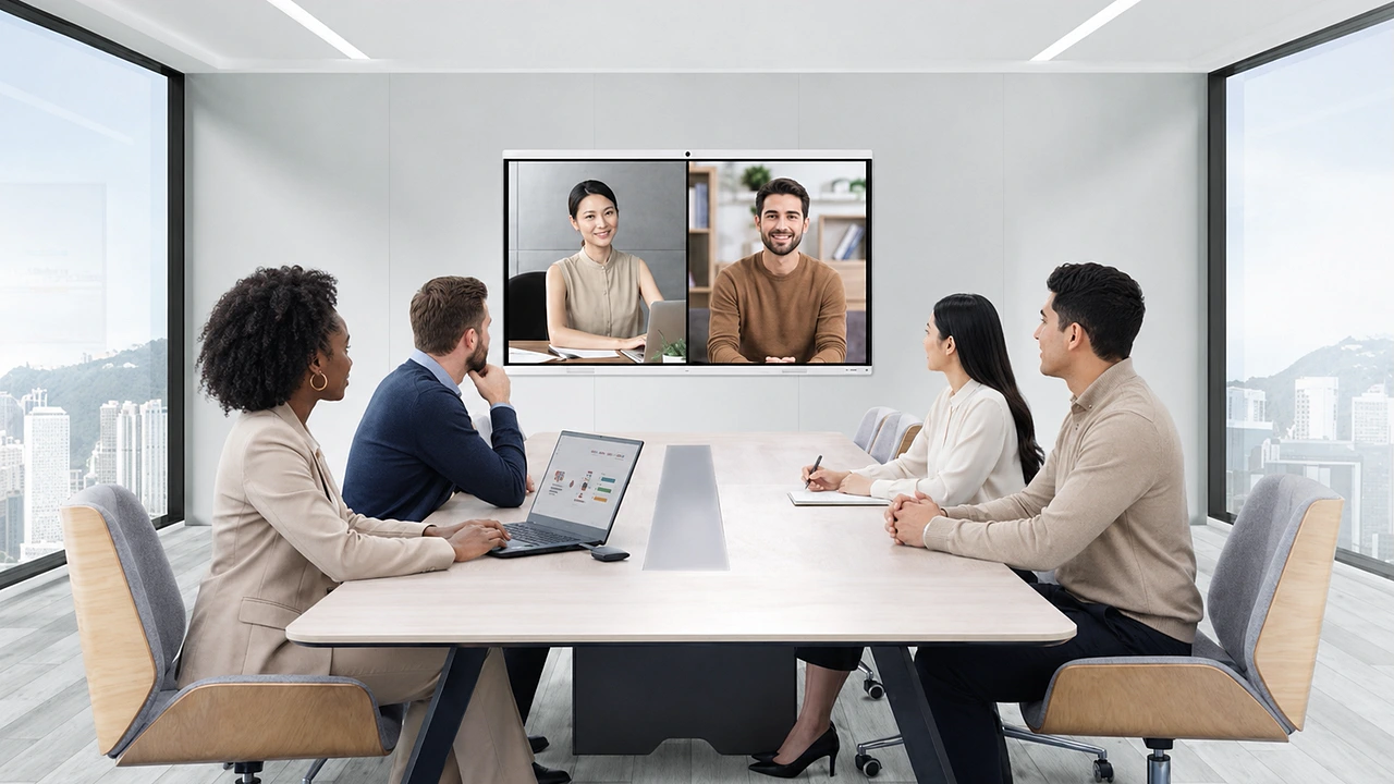Equipo en una sala de reunión con Huawei IdeaHub B3 en videollamada con pantalla dividida en dos
