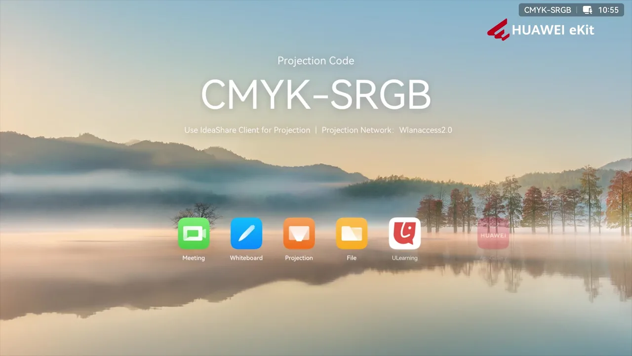 Pantalla de Huawei IdeaHub Board 3 Pro mostrando el código de proyección y sus aplicaciones