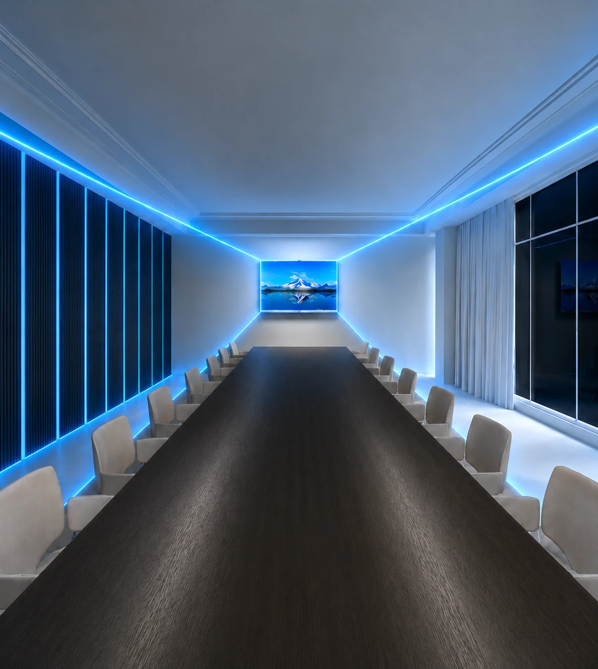 Sala de juntas corporativa equipada con Huawei IdeaHub S2 y audio deflector acústico