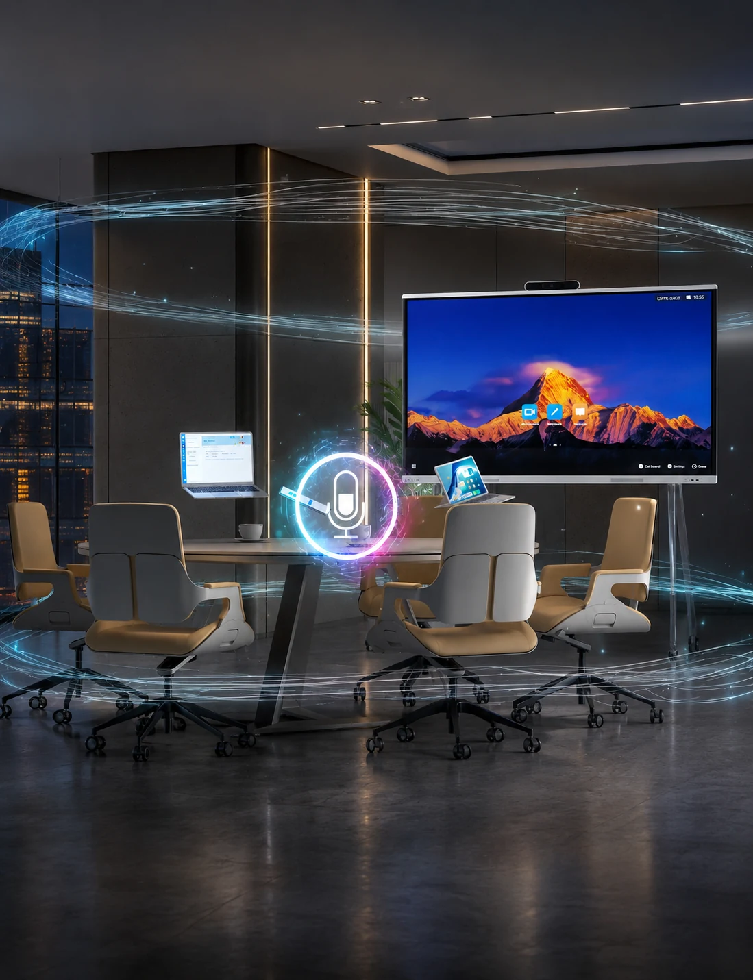 Campo de captación de audio de la matriz de 24 micrófonos de Huawei IdeaHub S3 en una sala de reuniones