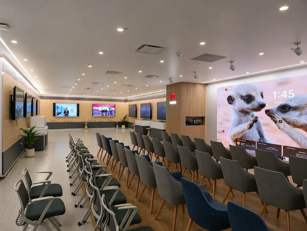 Sala de demostración Huawei con pantalla LED gigante e IdeaHub